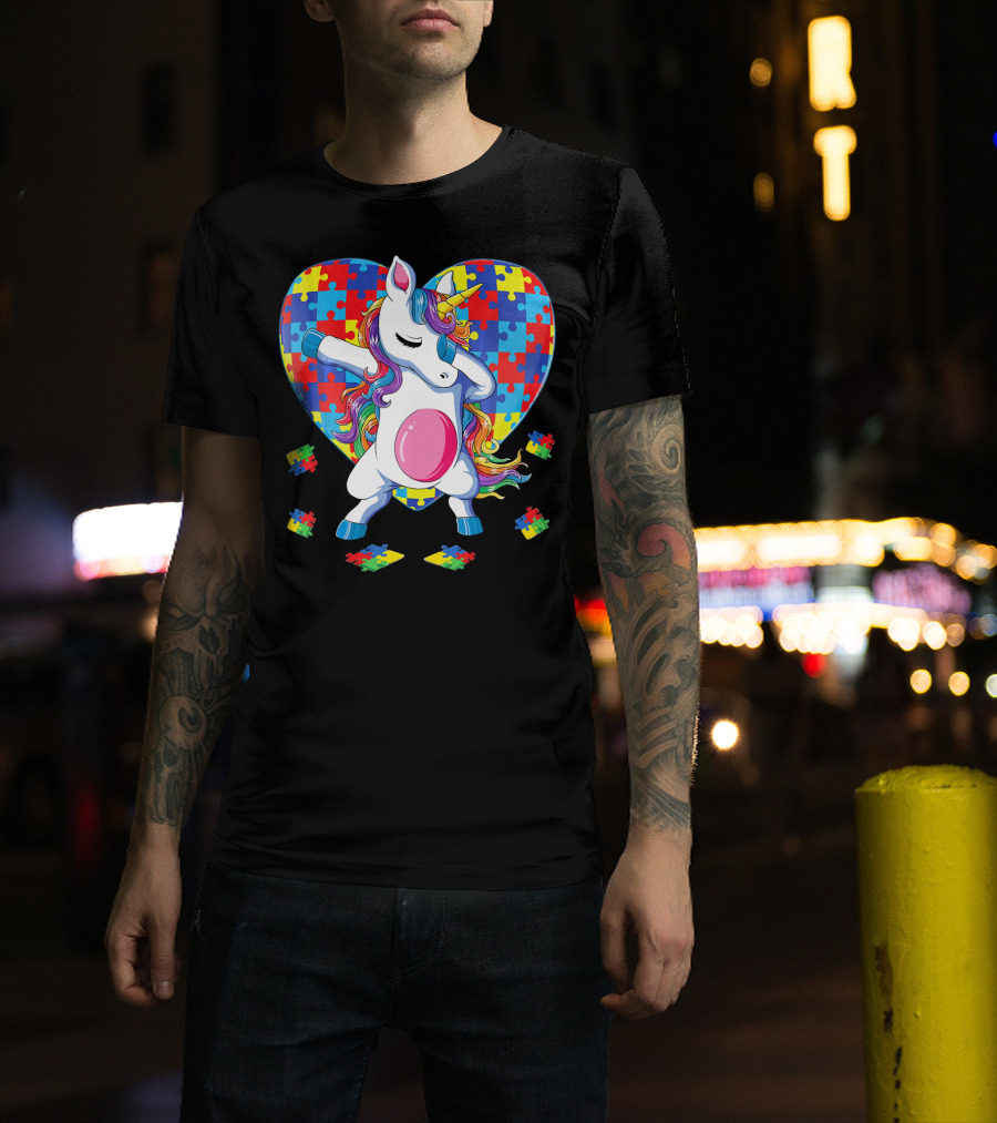 Dabbing Unicorn With Autism Awareness Puzzle Heart T-Shirt