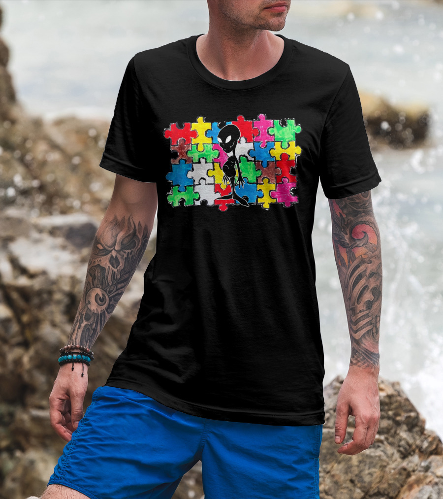 Alien UFO Autism Awareness Puzzle Piece T-Shirt