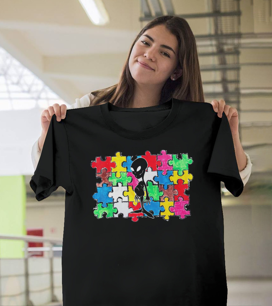 Alien UFO Autism Awareness Puzzle Piece T-Shirt