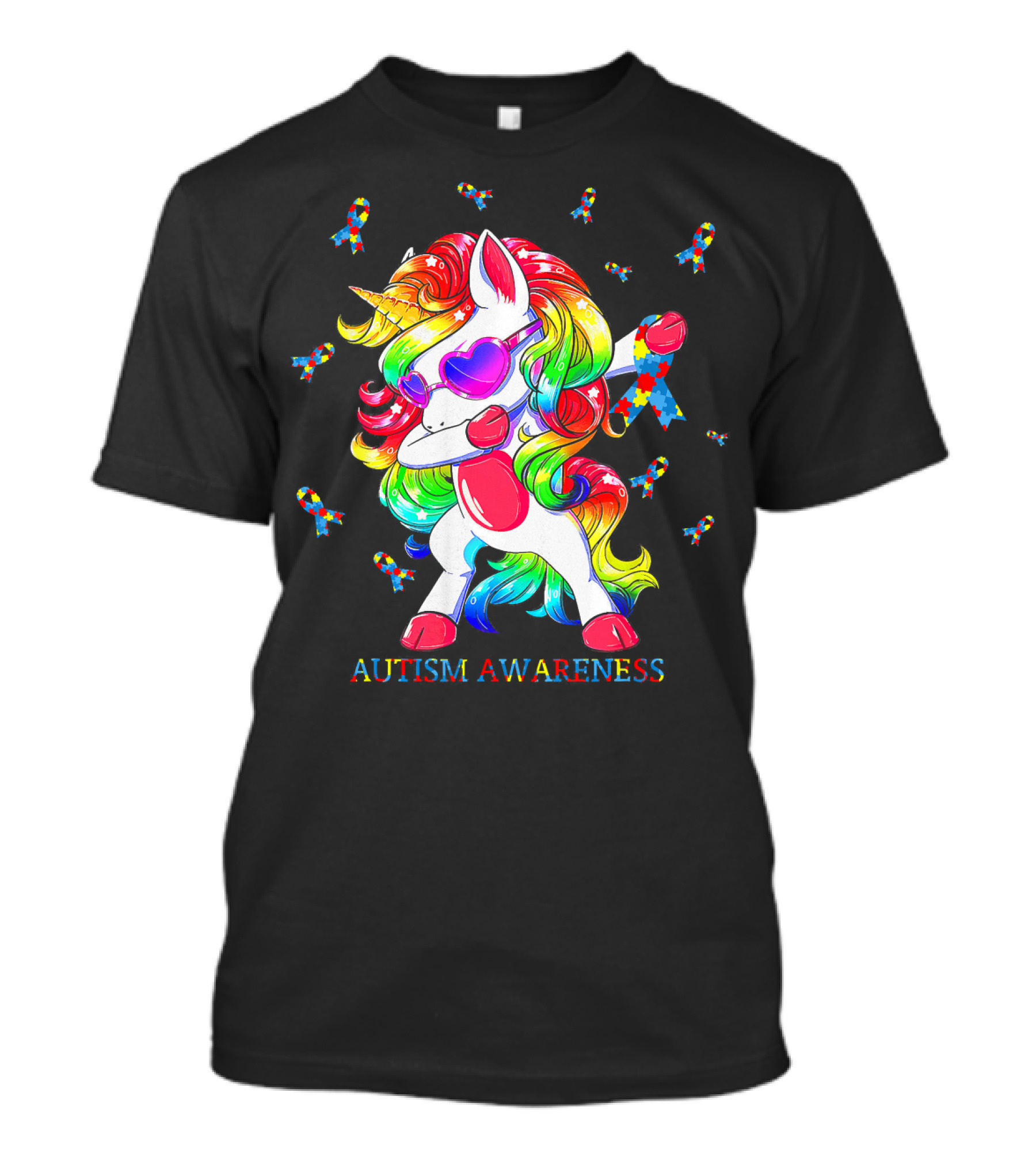 Autism Awareness Dabbing Unicorn Puzzle Ribbon T-Shirt