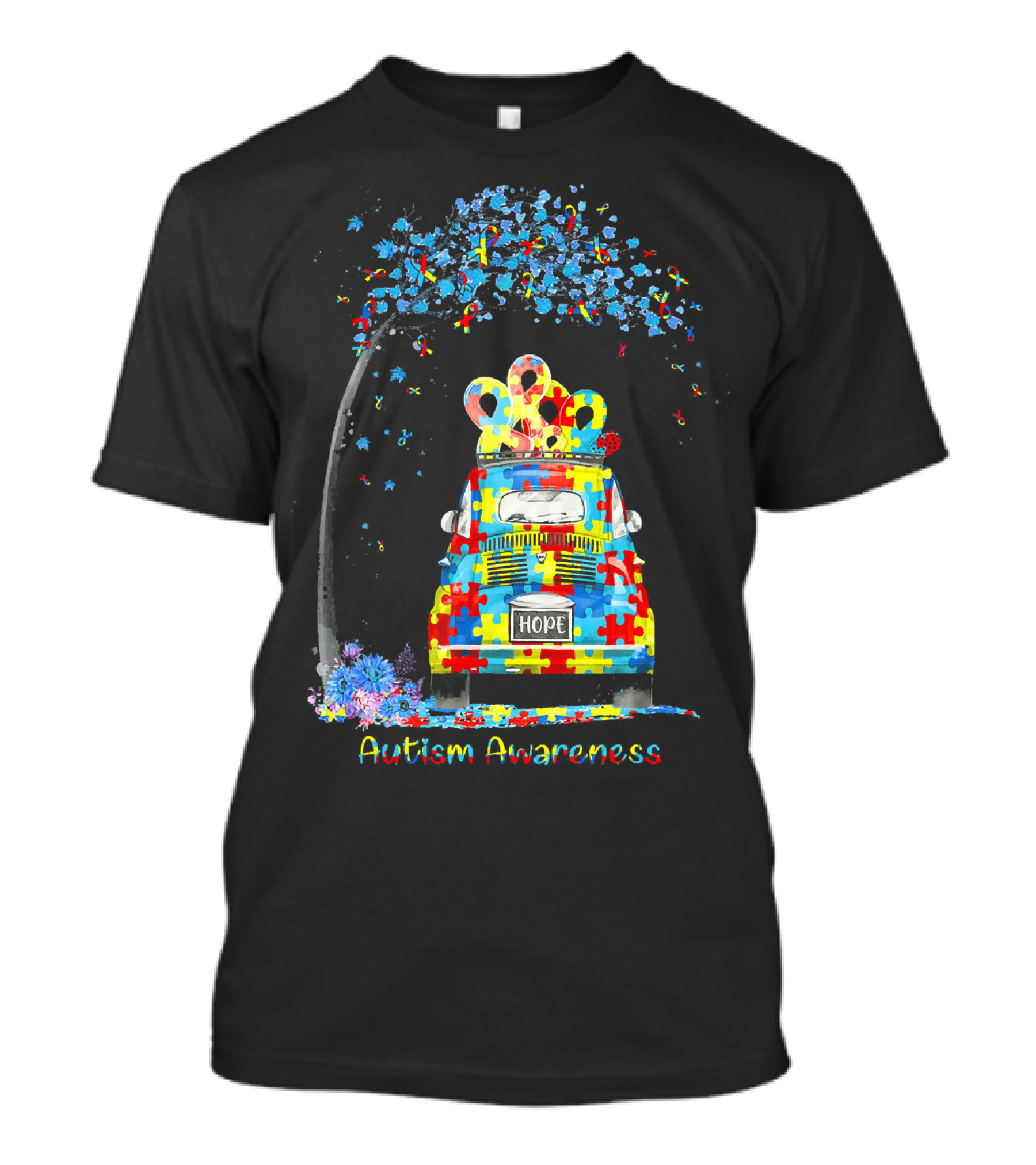 HOPE Hippie Van Puzzle Pieces Ribbon Autism Awareness T-Shirt