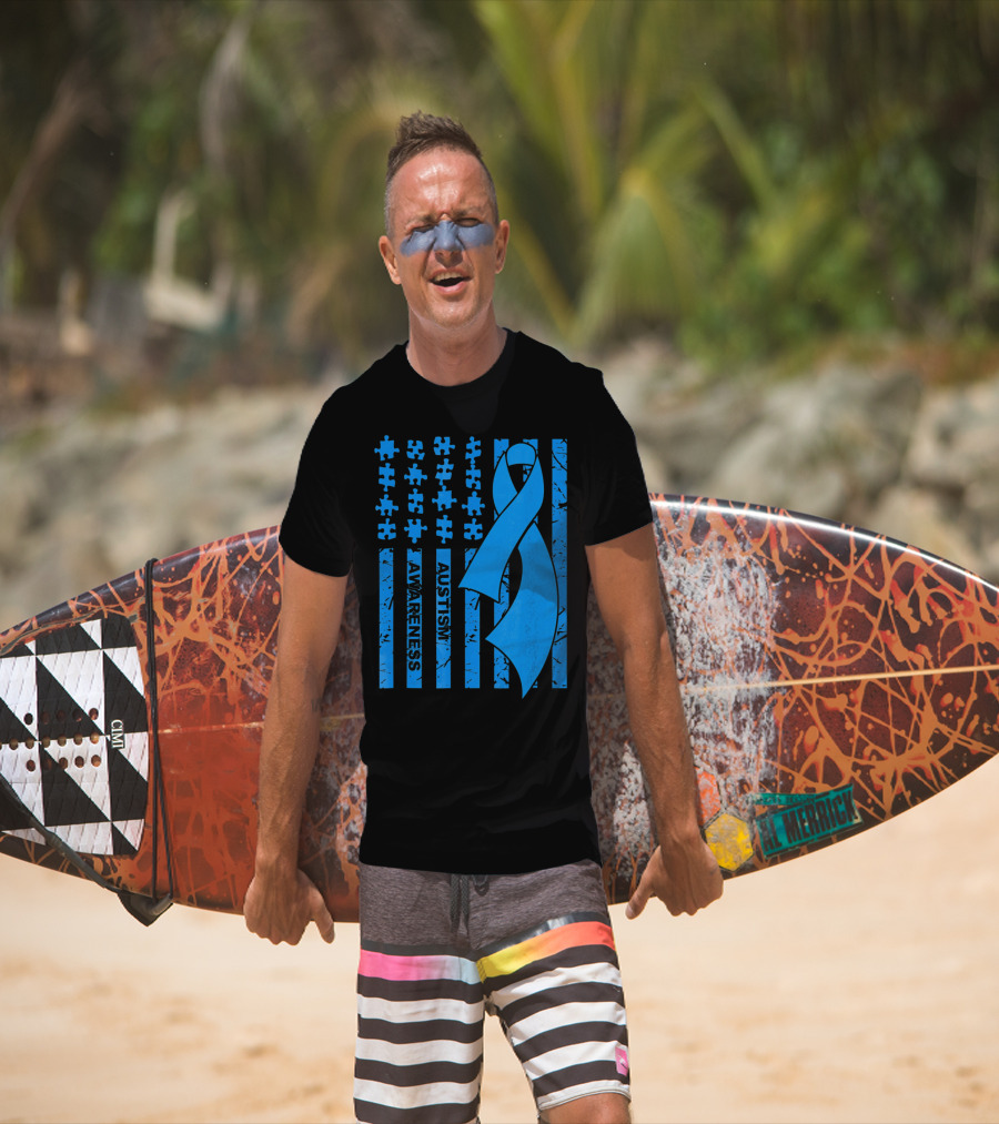 Autism Awareness Flag With Puzzle Pieces And Blue T-Shirt