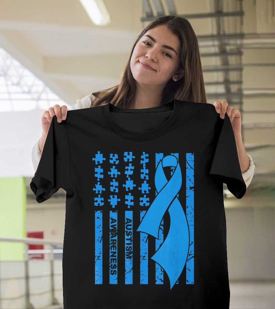 Autism Awareness Flag With Puzzle Pieces And Blue T-Shirt