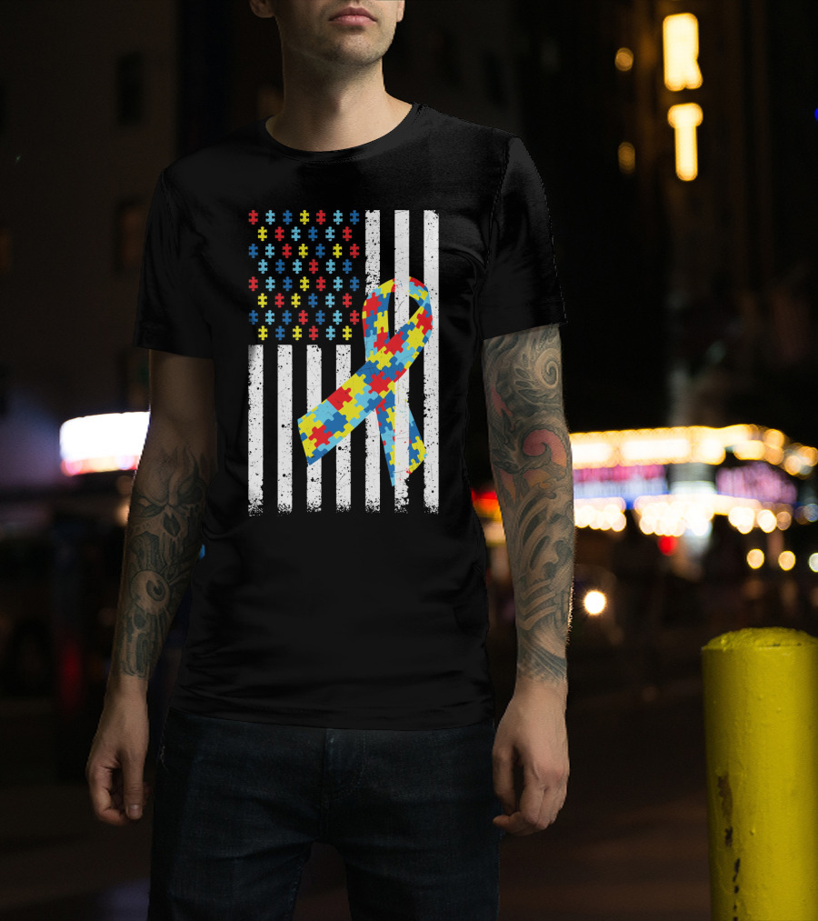 American Flag Puzzle Ribbon Autism Awareness T-Shirt