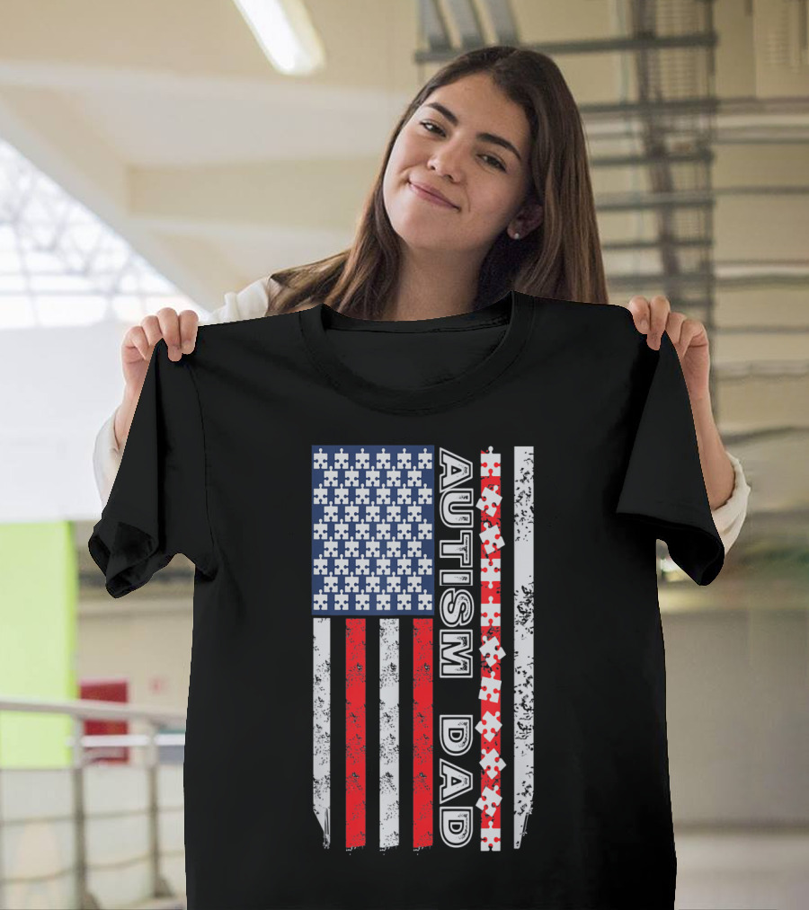 Mens Autism Dad American Flag Puzzle Piece Awareness T-Shirt