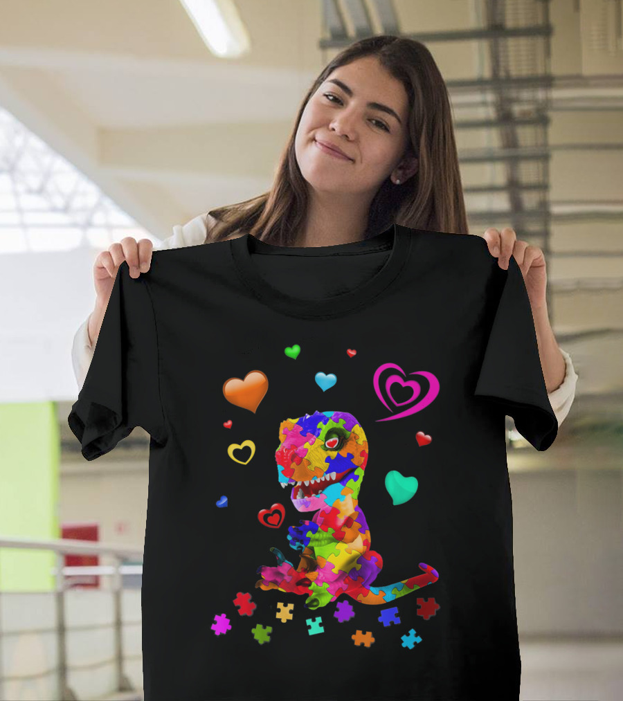 Autism Awareness Dinosaur Puzzle Pieces And Colorful Hearts T-Shirt