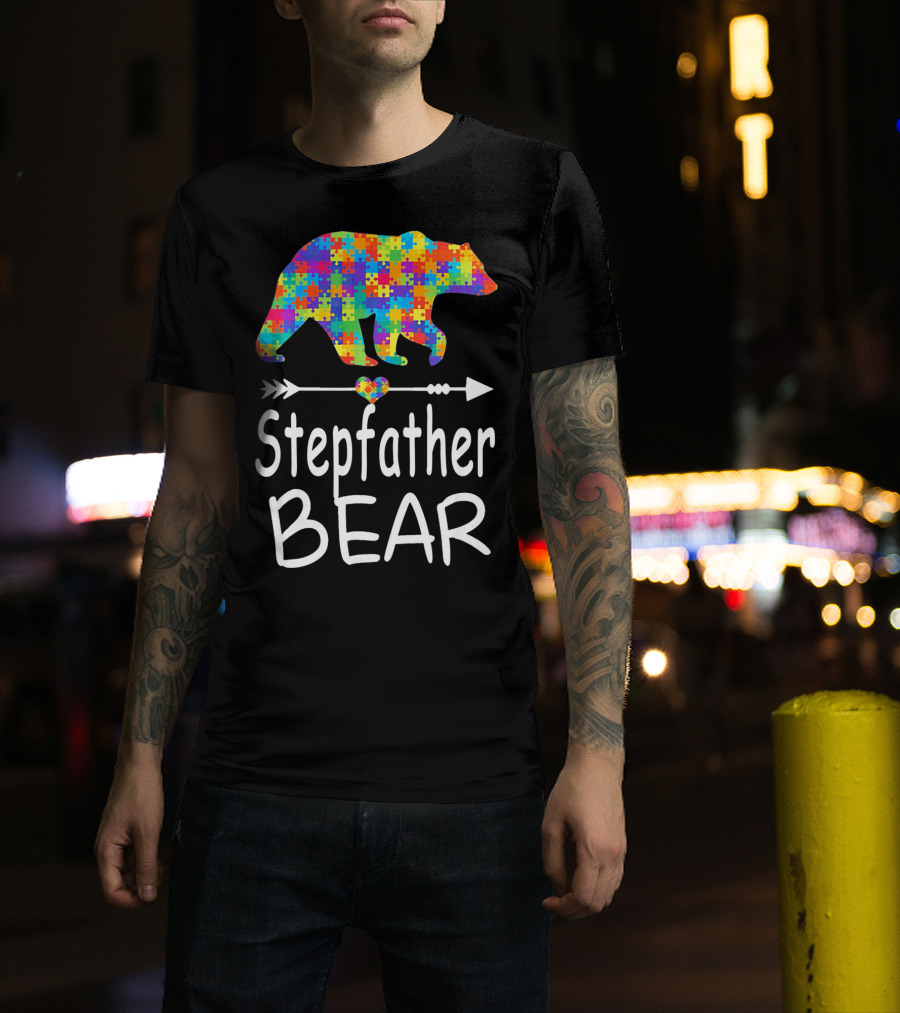 Stepfather Bear Puzzle Pattern Autism Awareness Family T-Shirt