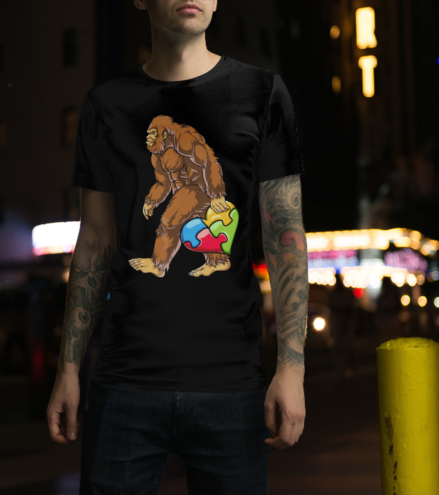 Bigfoot Holding Puzzle Piece Heart Autism Awareness T-Shirt
