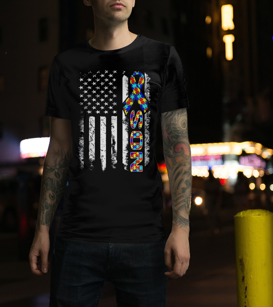 Son Autism Awareness Puzzle Ribbon American Flag T-Shirt
