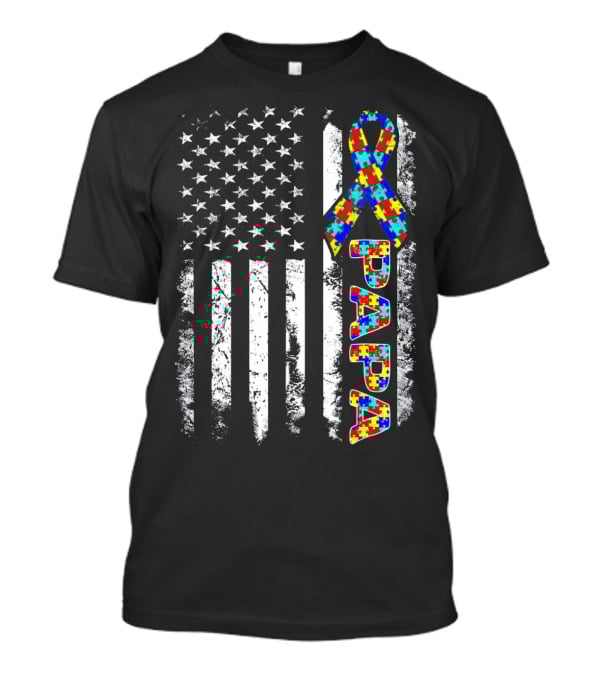 Papa Puzzle Ribbon Autism Awareness American Flag Stars Stripes T-Shirt