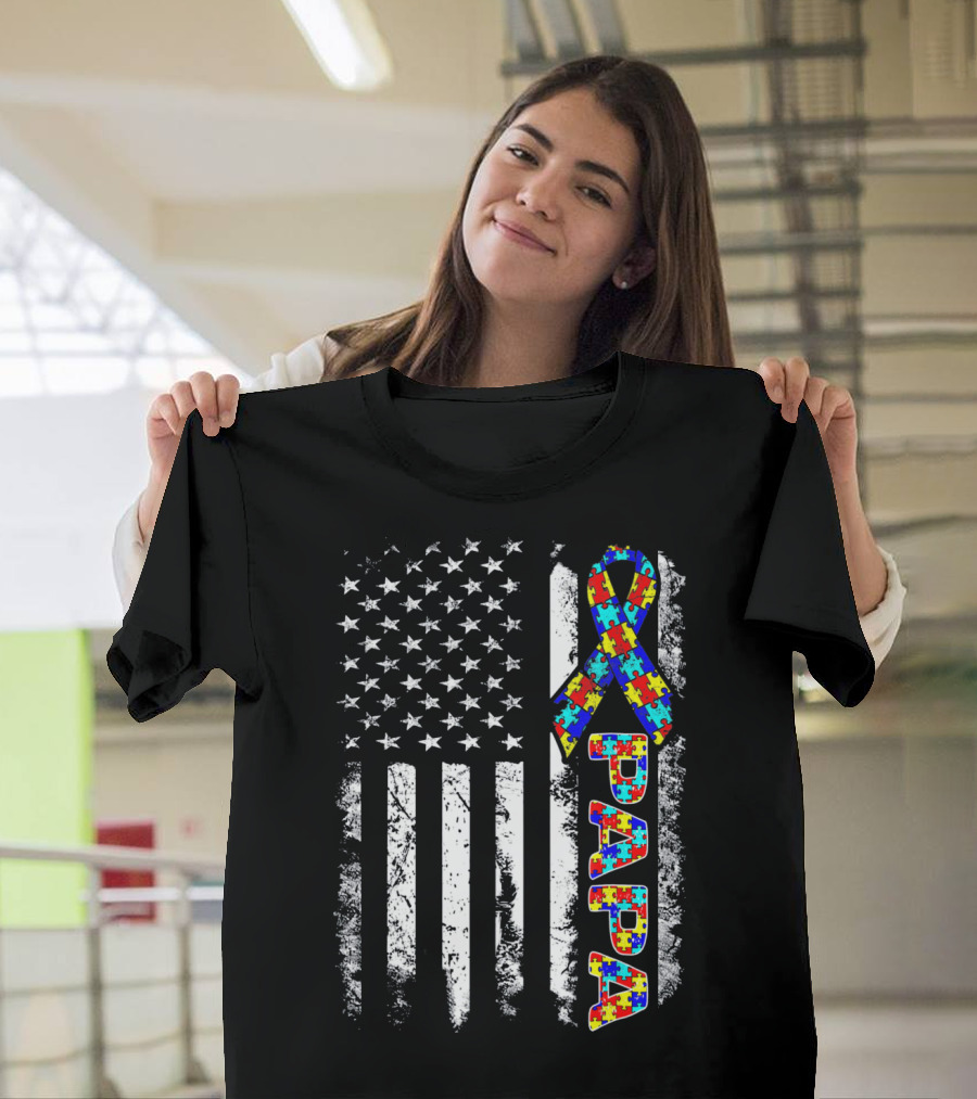 Papa Puzzle Ribbon Autism Awareness American Flag Stars Stripes T-Shirt