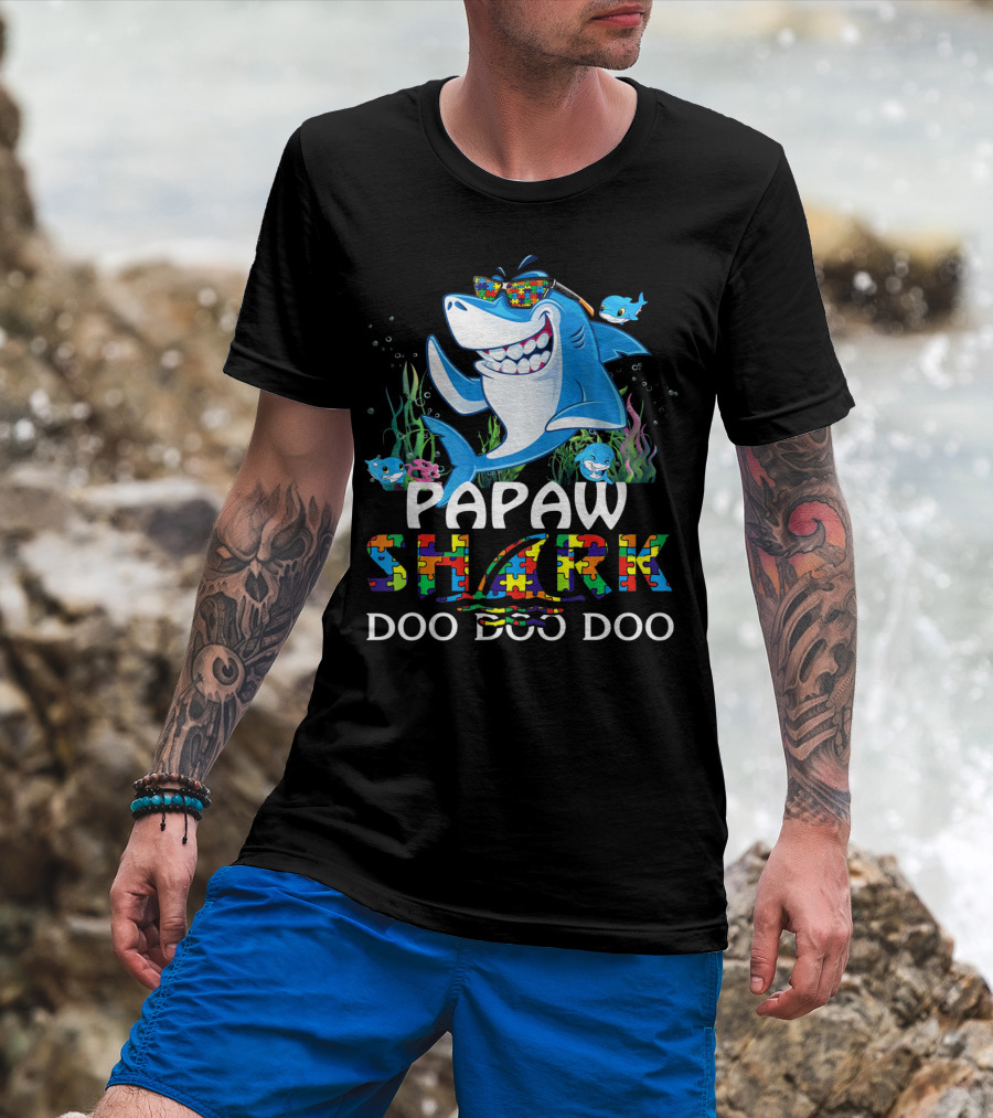 Papaw Shark Doo Doo Doo Autism Awareness Puzzle T-Shirt