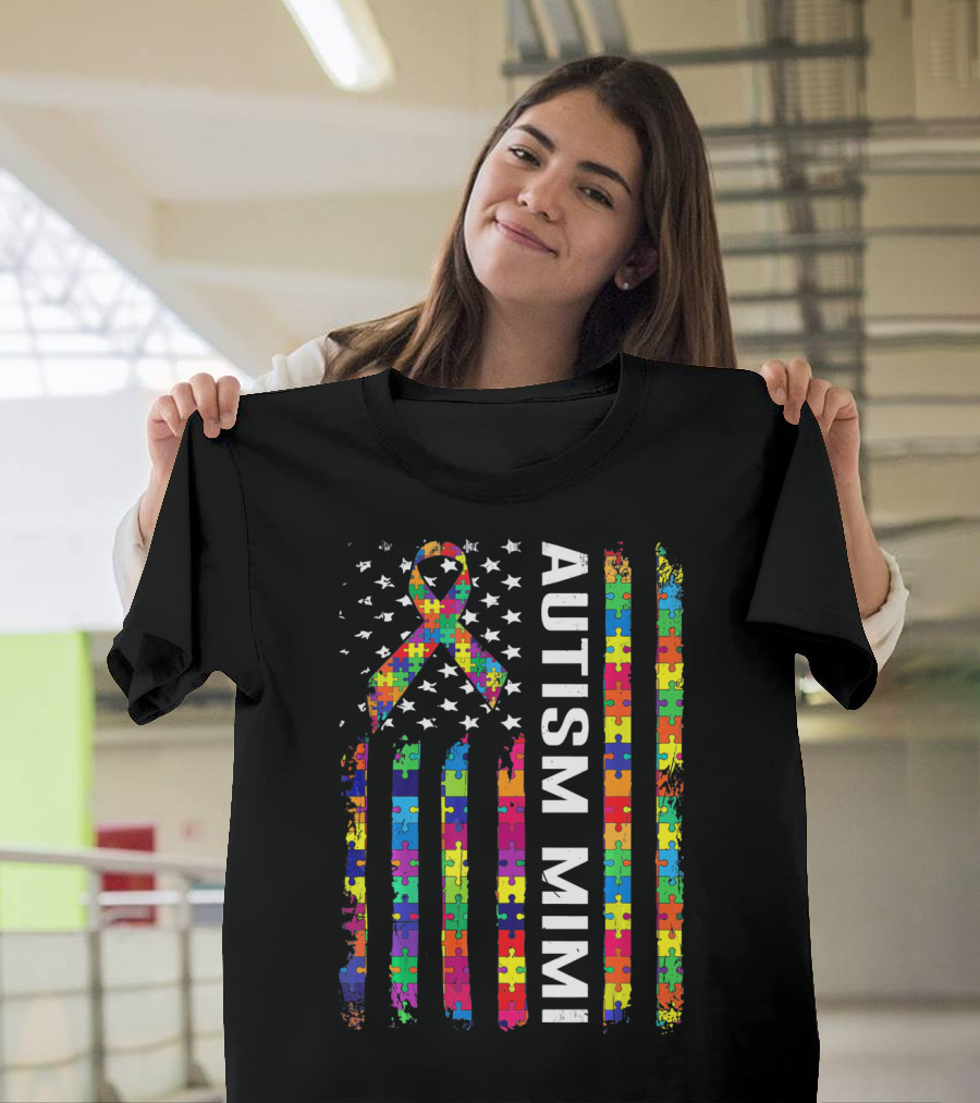 Autism Mimi Puzzle Ribbon American Flag T-Shirt