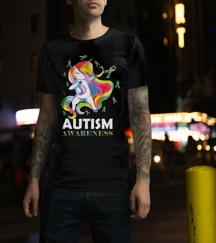 Autism Awareness Dabbing Unicorn With Colorful Puzzle Ribbons T-Shirt
