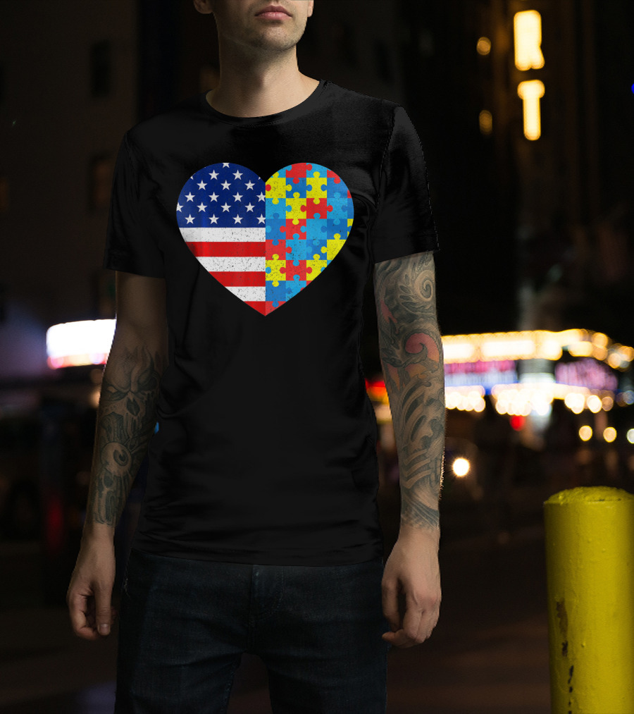 American Flag Heart Autism Awareness Puzzle Piece T-Shirt
