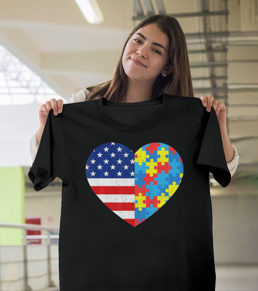 American Flag Heart Autism Awareness Puzzle Piece T-Shirt