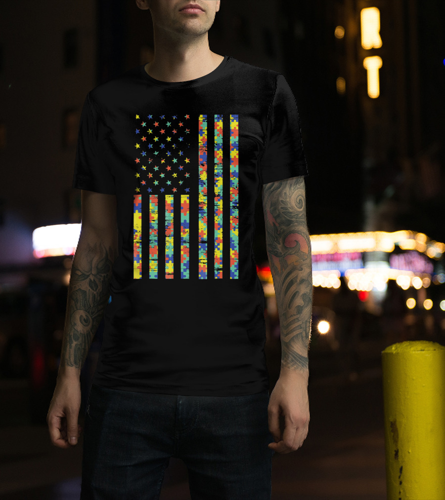 American Flag Puzzle Autism Awareness Stars T-Shirt