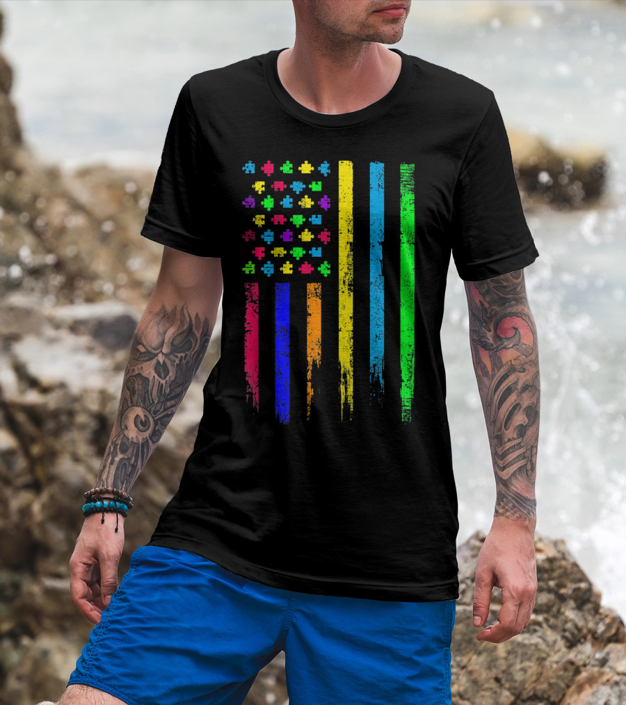 USA Flag Puzzle Pieces Rainbow Stripes T-Shirt