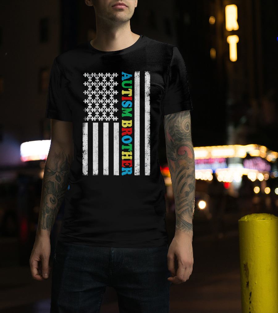 Autism Brother American Flag Puzzle Piece T-Shirt