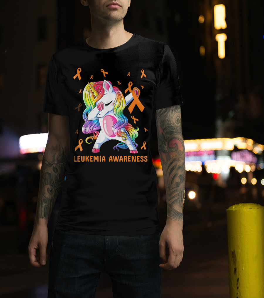 Rainbow Unicorn Dabbing Leukemia Awareness Orange T-Shirt