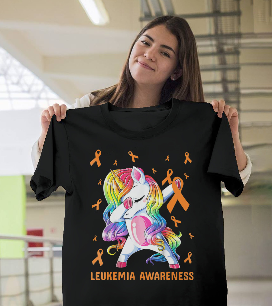 Rainbow Unicorn Dabbing Leukemia Awareness Orange T-Shirt