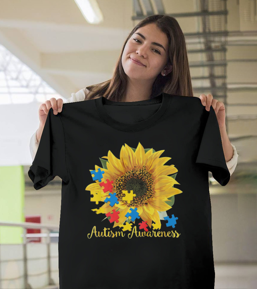Autism Awareness Sunflower with Puzzle Pieces T-Shirt