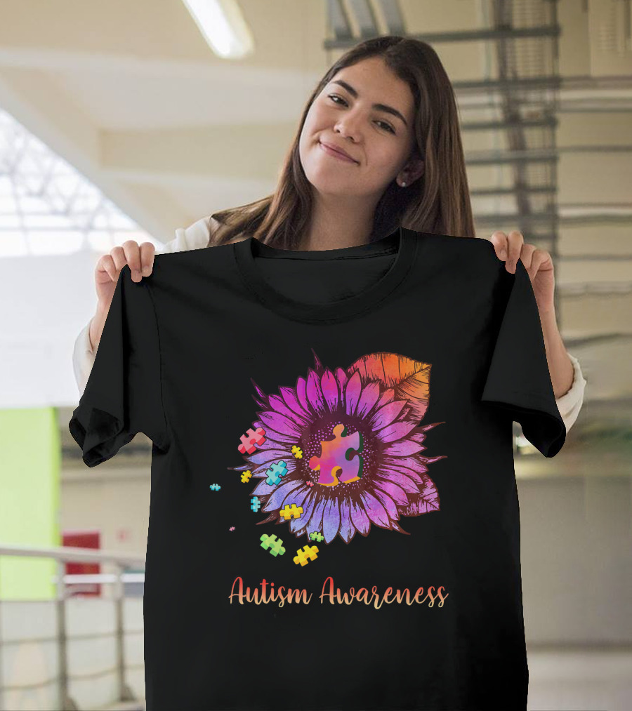 Autism Awareness Puzzle Ribbon Sunflower Hippie T-Shirt