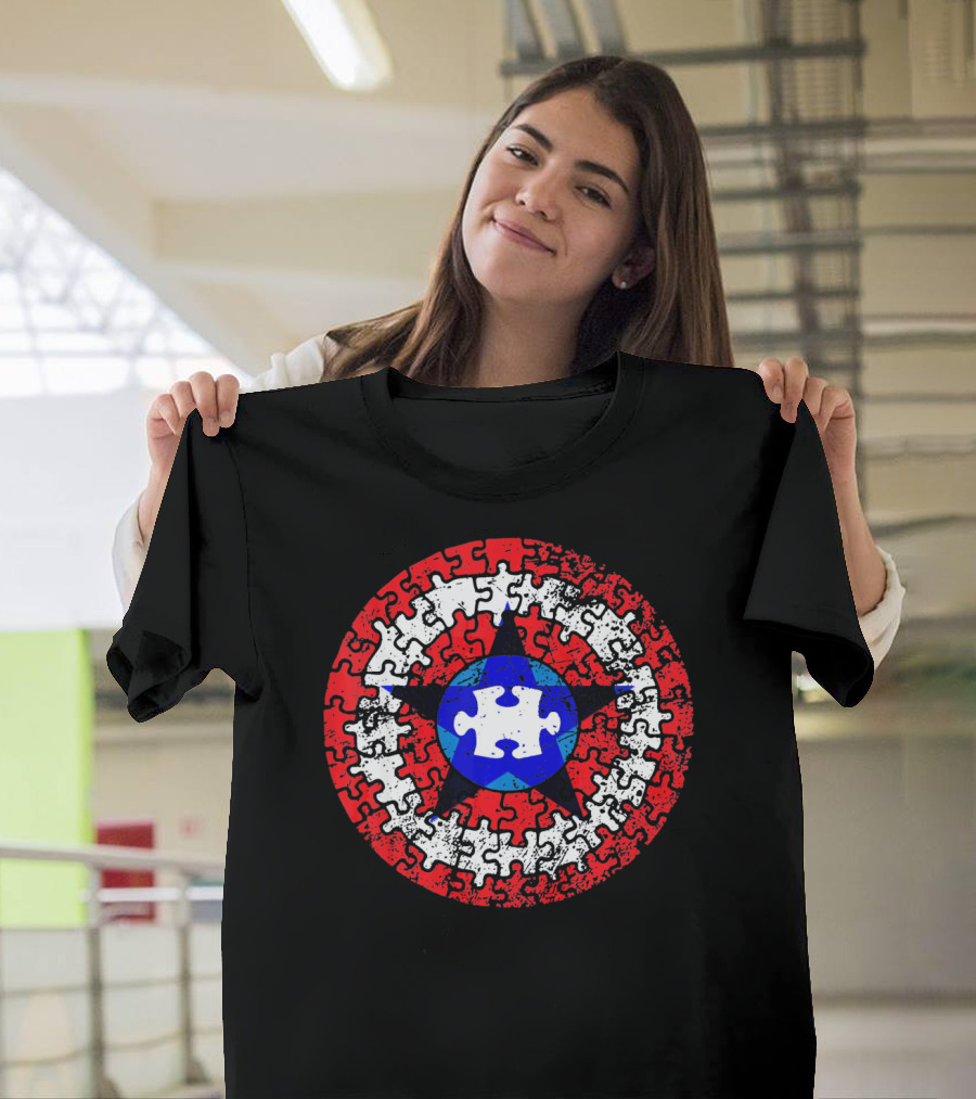 Captain Autism Superhero Shield Awareness Puzzle Star Emblem T-Shirt