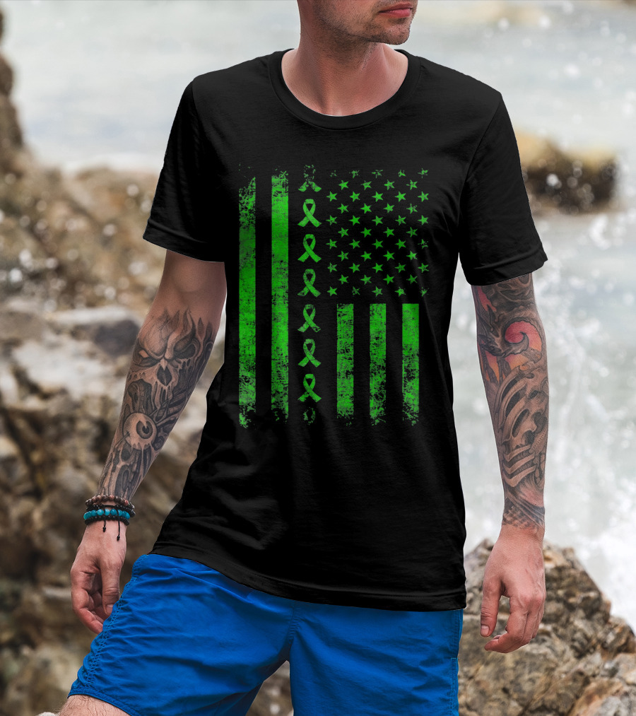 Green Ribbon US Flag Cerebral Palsy Awareness T-Shirt