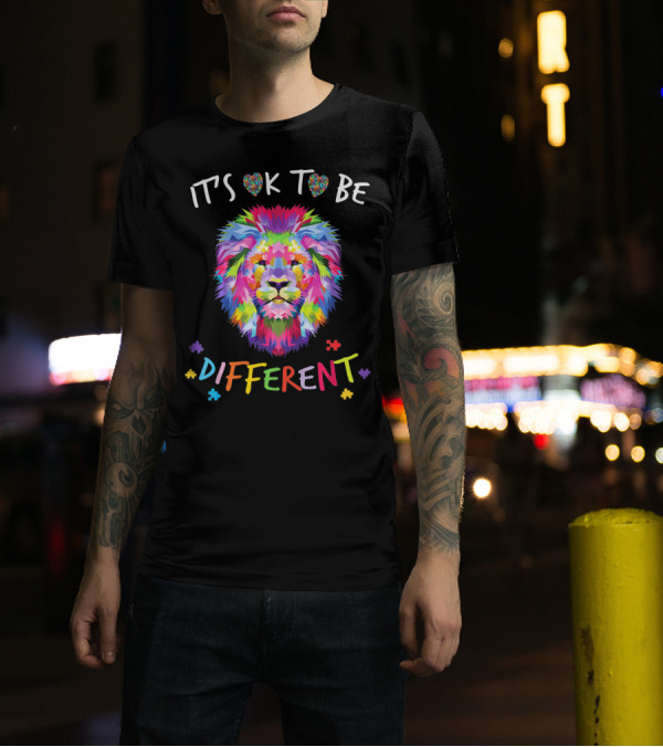 Autism Awareness It's OK To Be Different Colorful Lion Puzzle Pieces T-Shirt