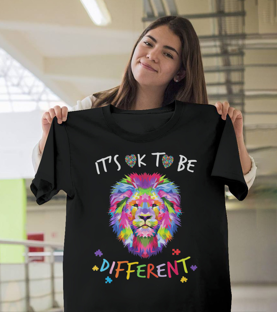 Autism Awareness It's OK to Be Different Colorful Lion Puzzle Pieces T-Shirt