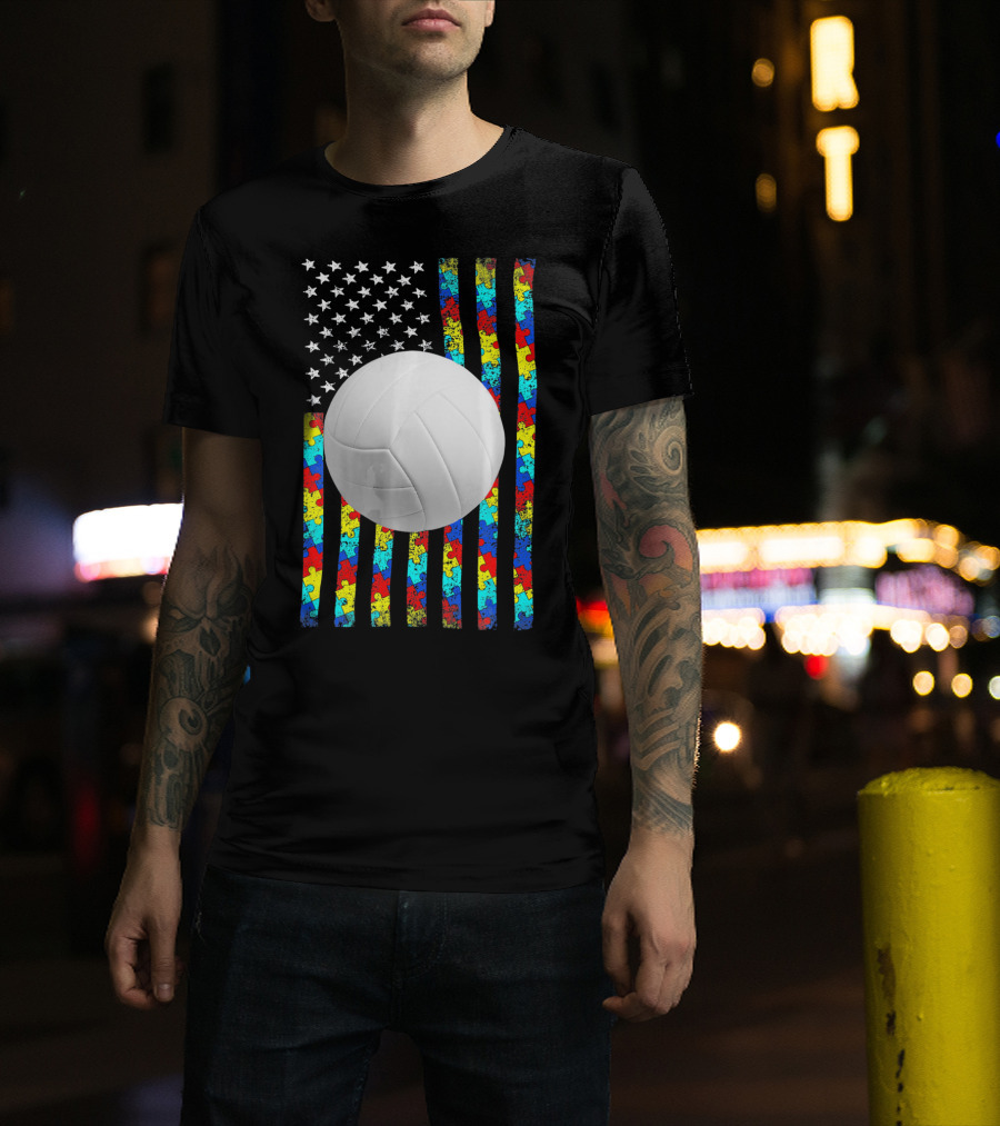 Autism Awareness Puzzle Flag Volleyball American Flag T-Shirt