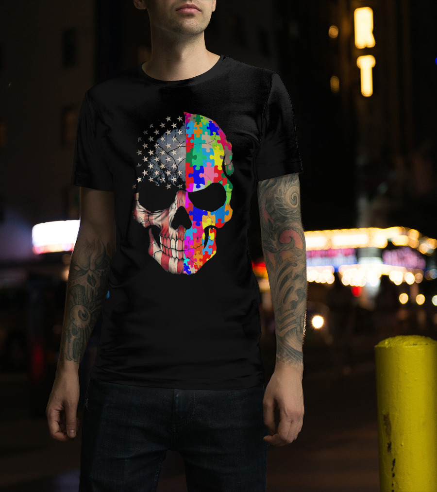 American Flag Autism Awareness Skull Puzzle Pieces Sku T-Shirt