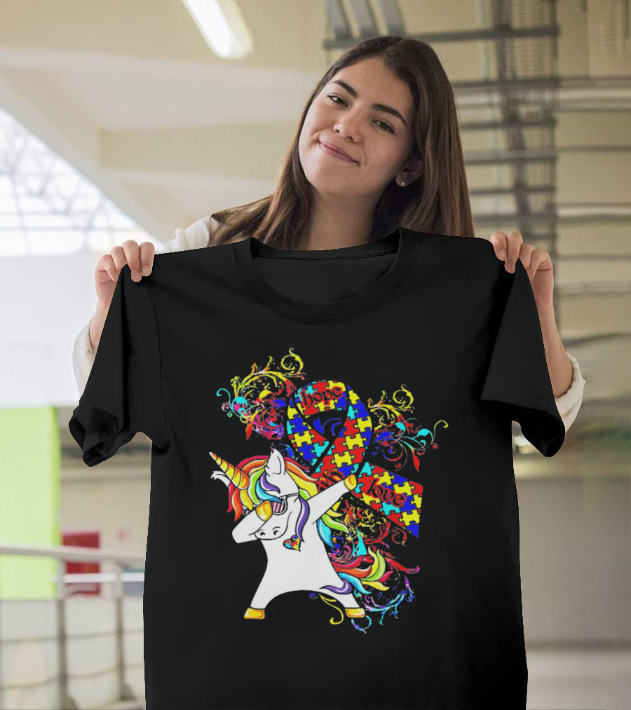 Unicorn Dabbing Hope Love Autism Awareness Puzzle T-Shirt