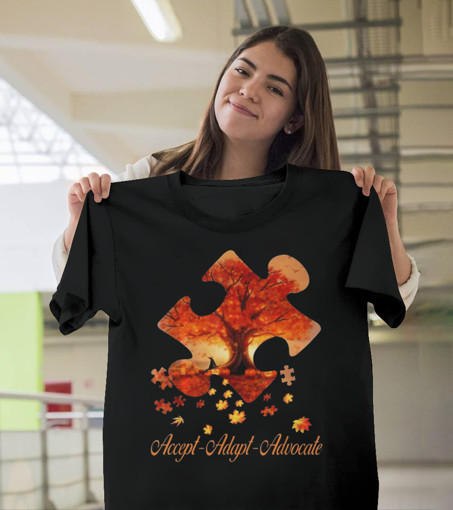 Accept Adapt Advocate Puzzle Autumn Leaves Autism Awareness T-Shirt