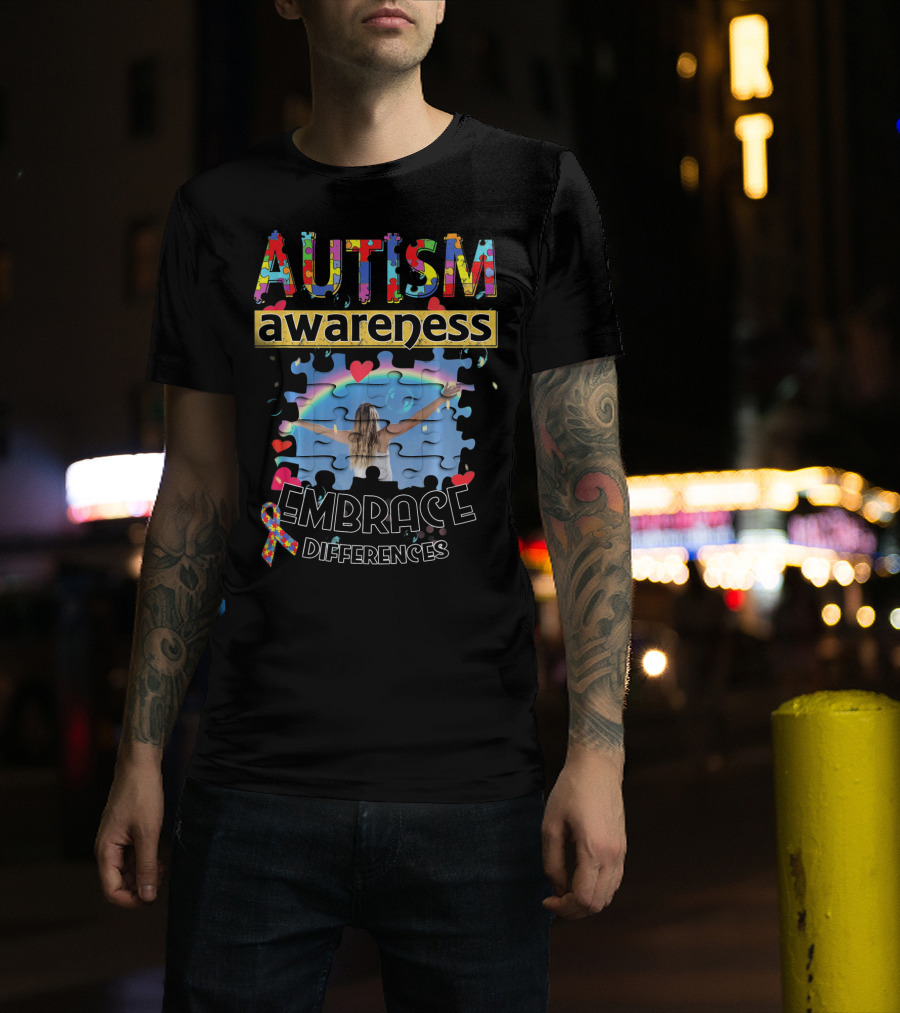 Autism Awareness Embrace Differences Puzzle Piece Rainbow T-Shirt