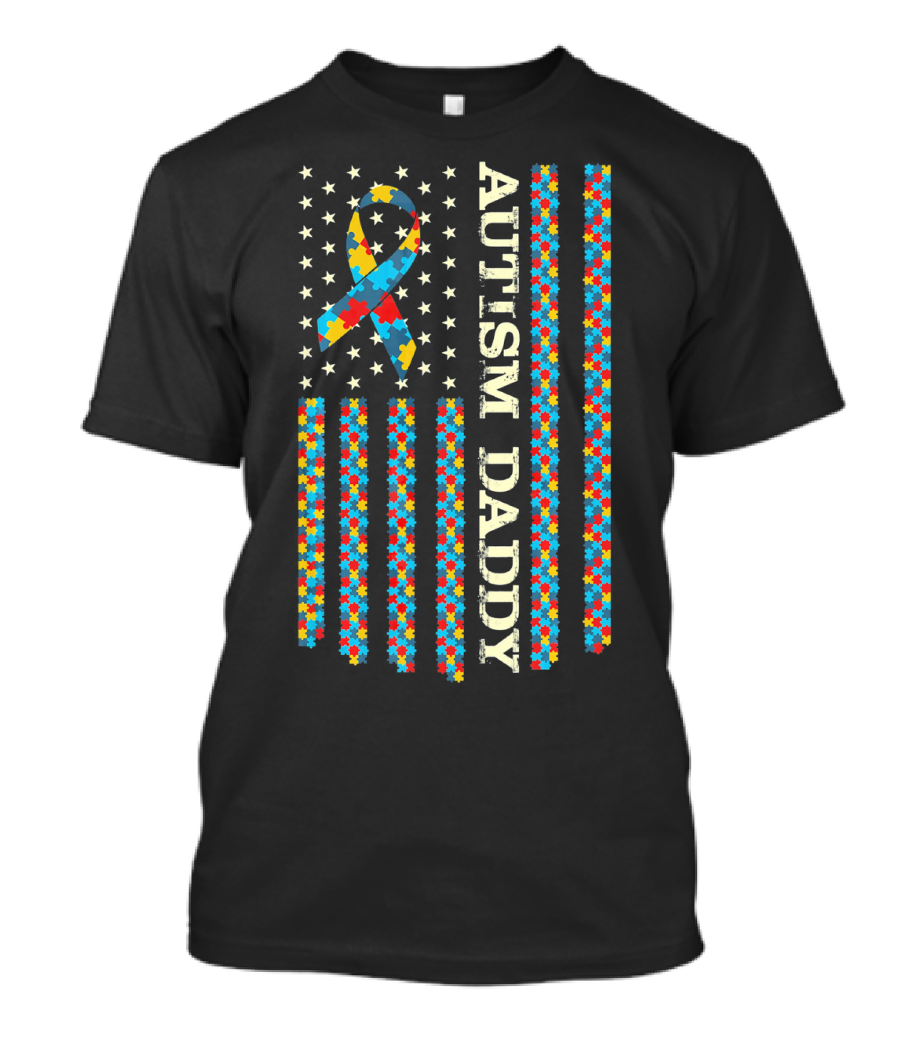 Autism Awareness Proud Autism Daddy Vintage Puzzle Ribbon Flag T-Shirt