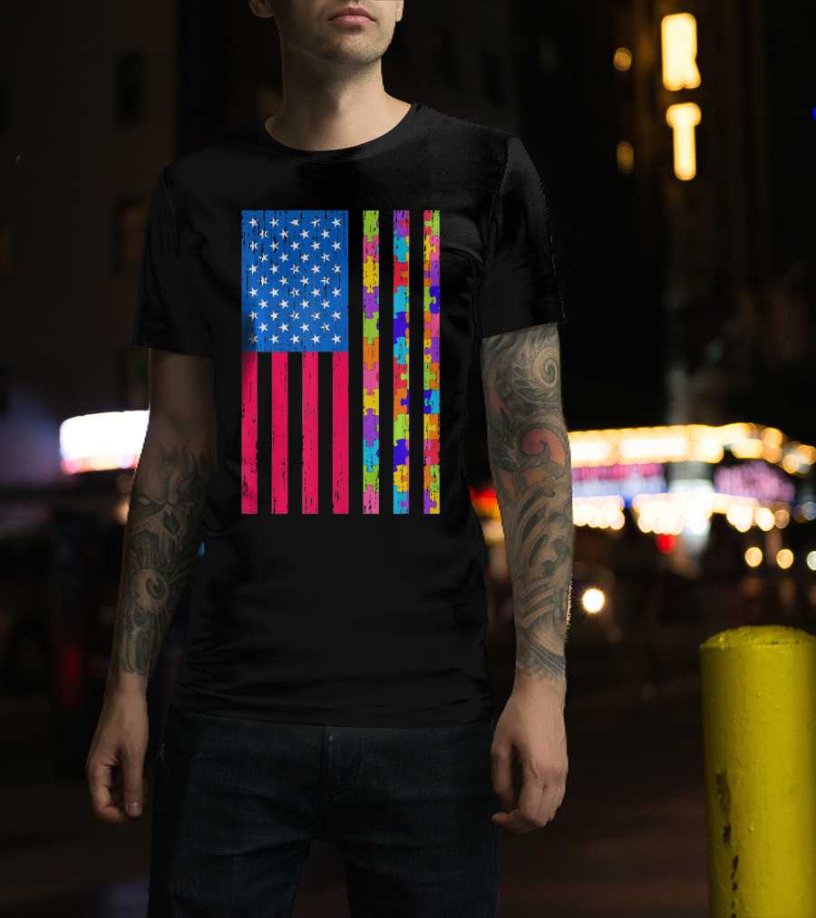 Autism Puzzle Piece American Flag USA T-Shirt