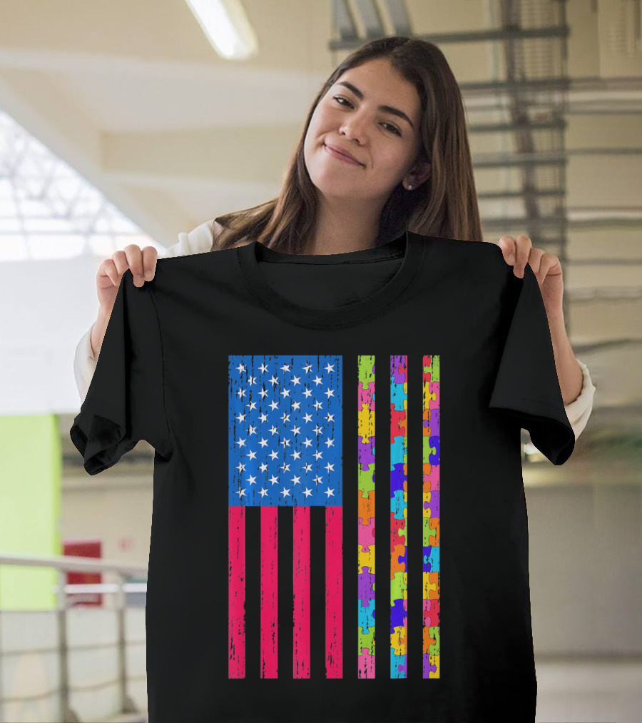 Autism Puzzle Piece American Flag USA T-Shirt
