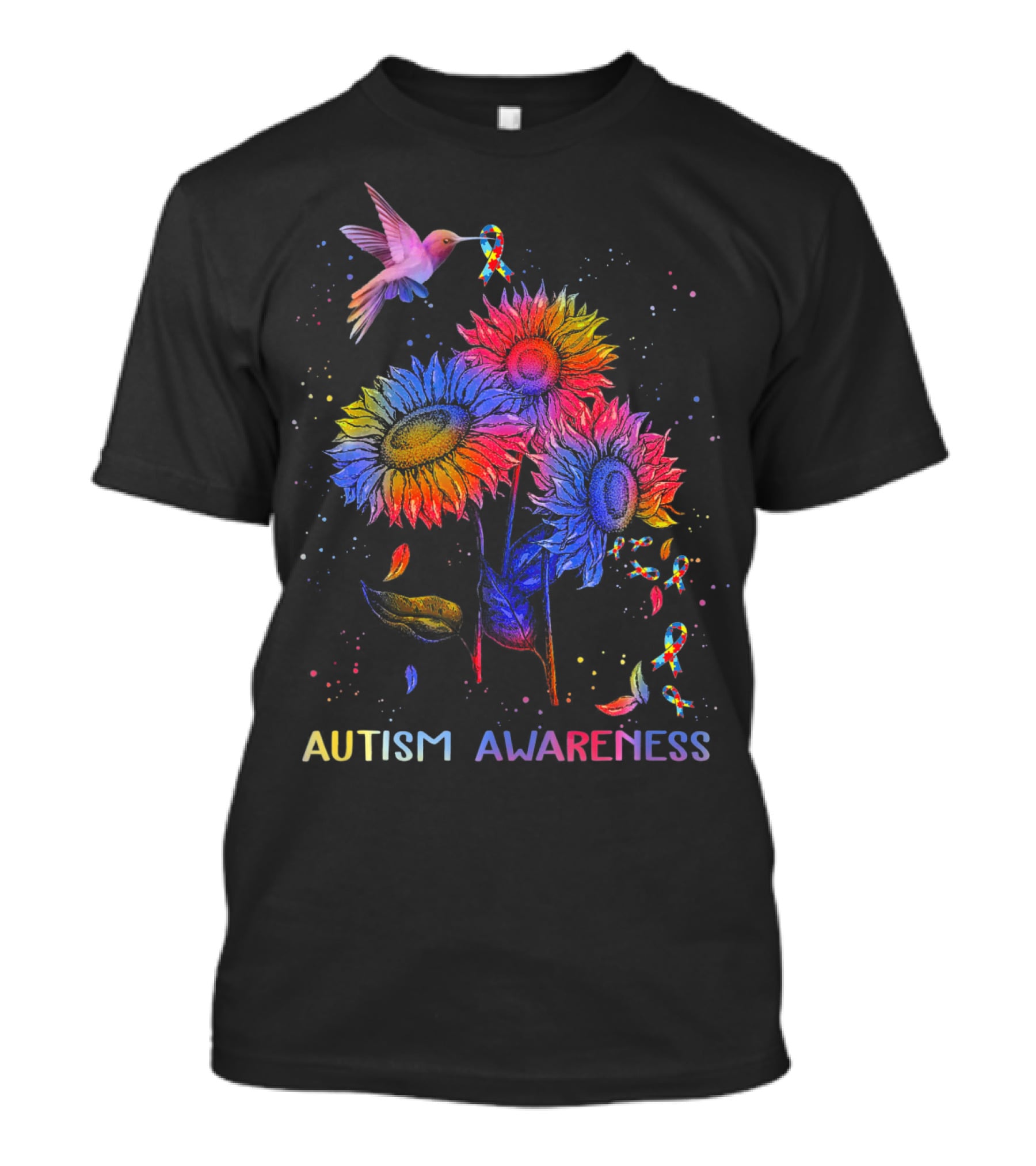 Autism Awareness Colorful Hummingbird And Sunflowers With Ribbons T-Shirt