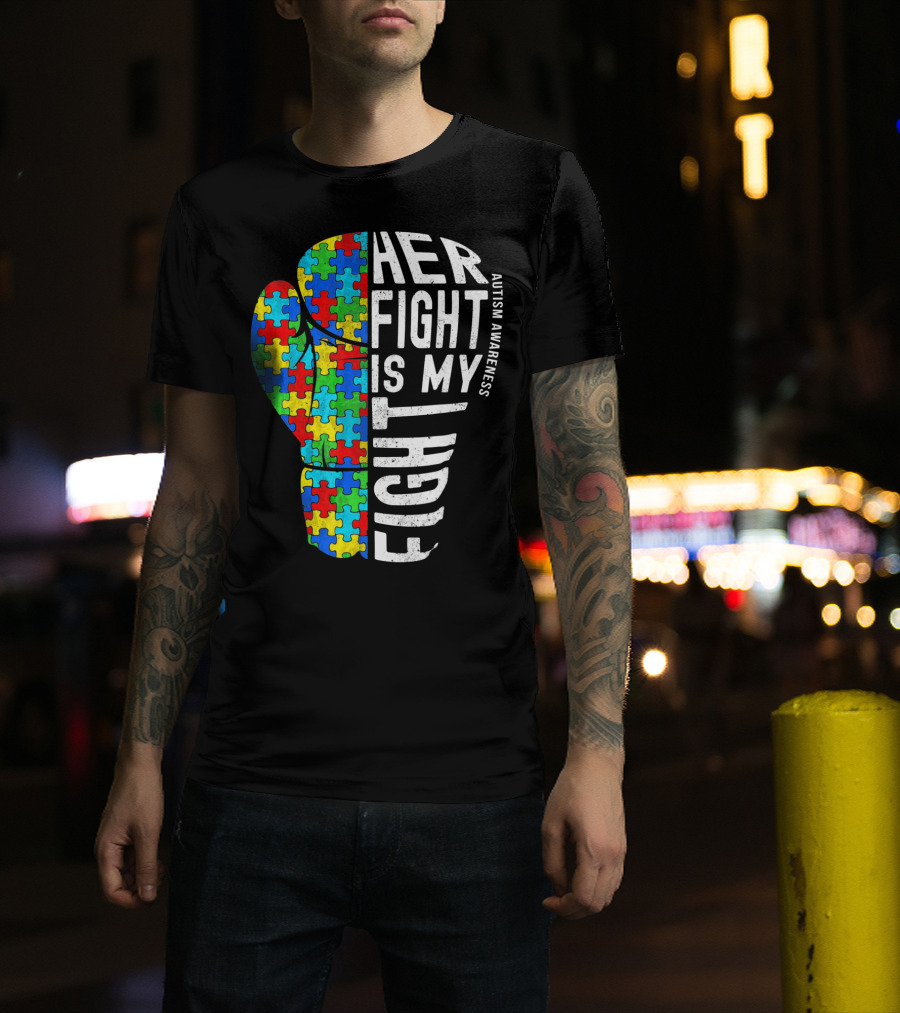 Autism Awareness Her Fight Is My Fight Boxing Glove Puzzle T-Shirt