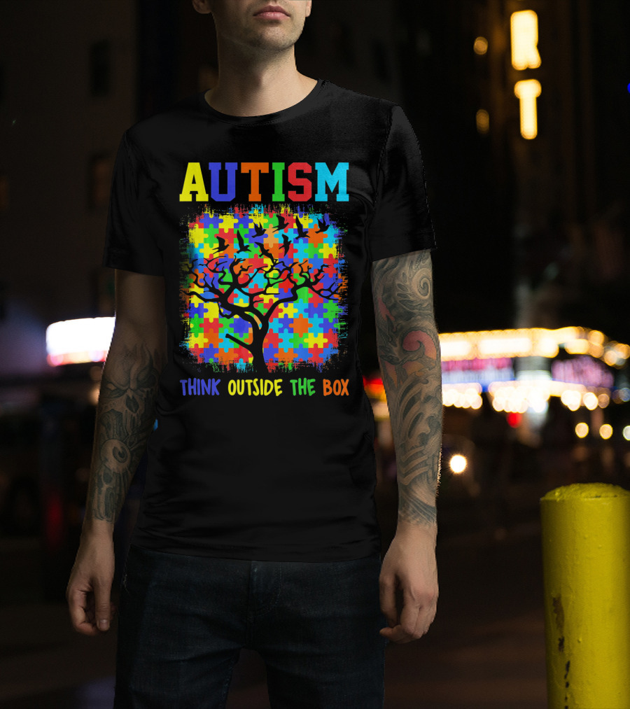 Autism Think Outside The Box Puzzle Tree T-Shirt