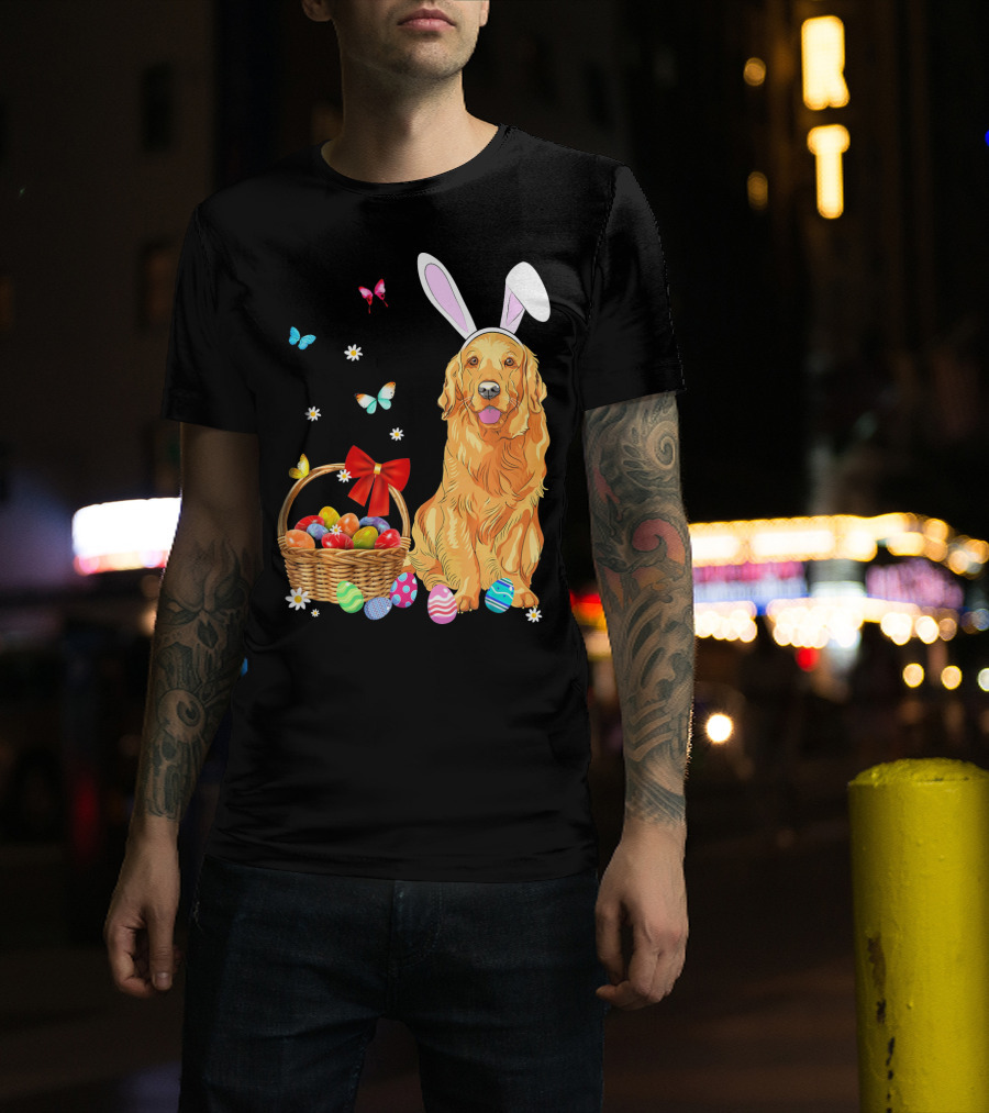 Golden Retriever Bunny Ears Easter Eggs Basket Butterflies T-Shirt