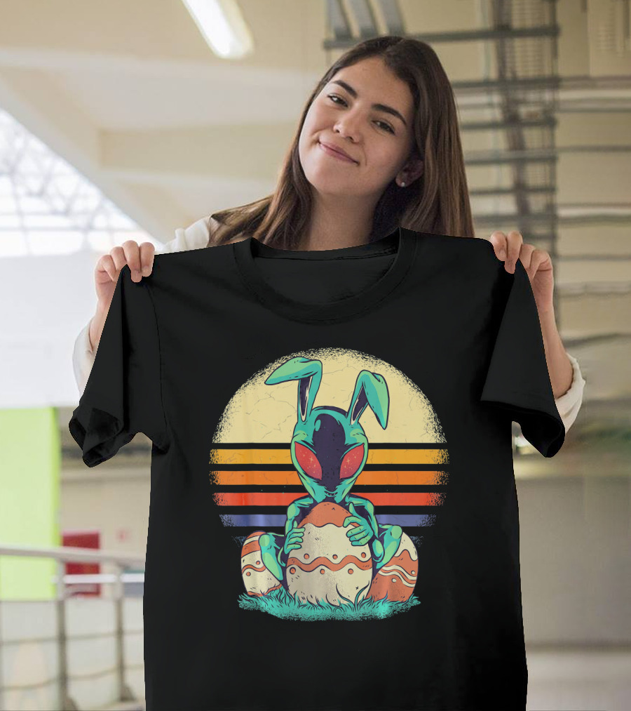 Easter Alien with Bunny Ears Holding Egg Sunset Stripes T-Shirt