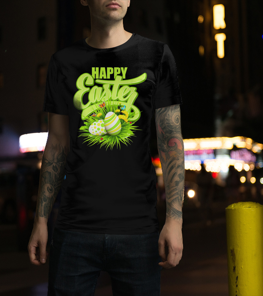 Happy Easter Eggs Green Spring Flowers Butterflies T-Shirt