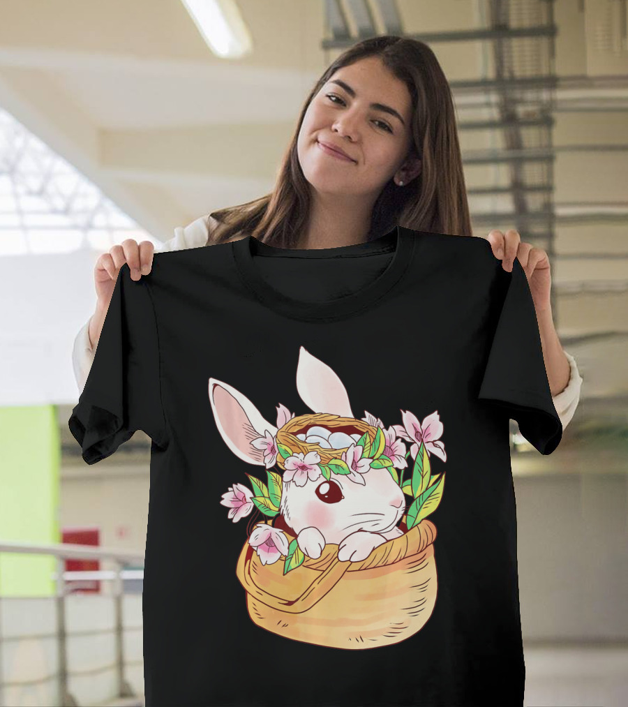 Cute Easter Bunny Girl Floral Basket T-Shirt