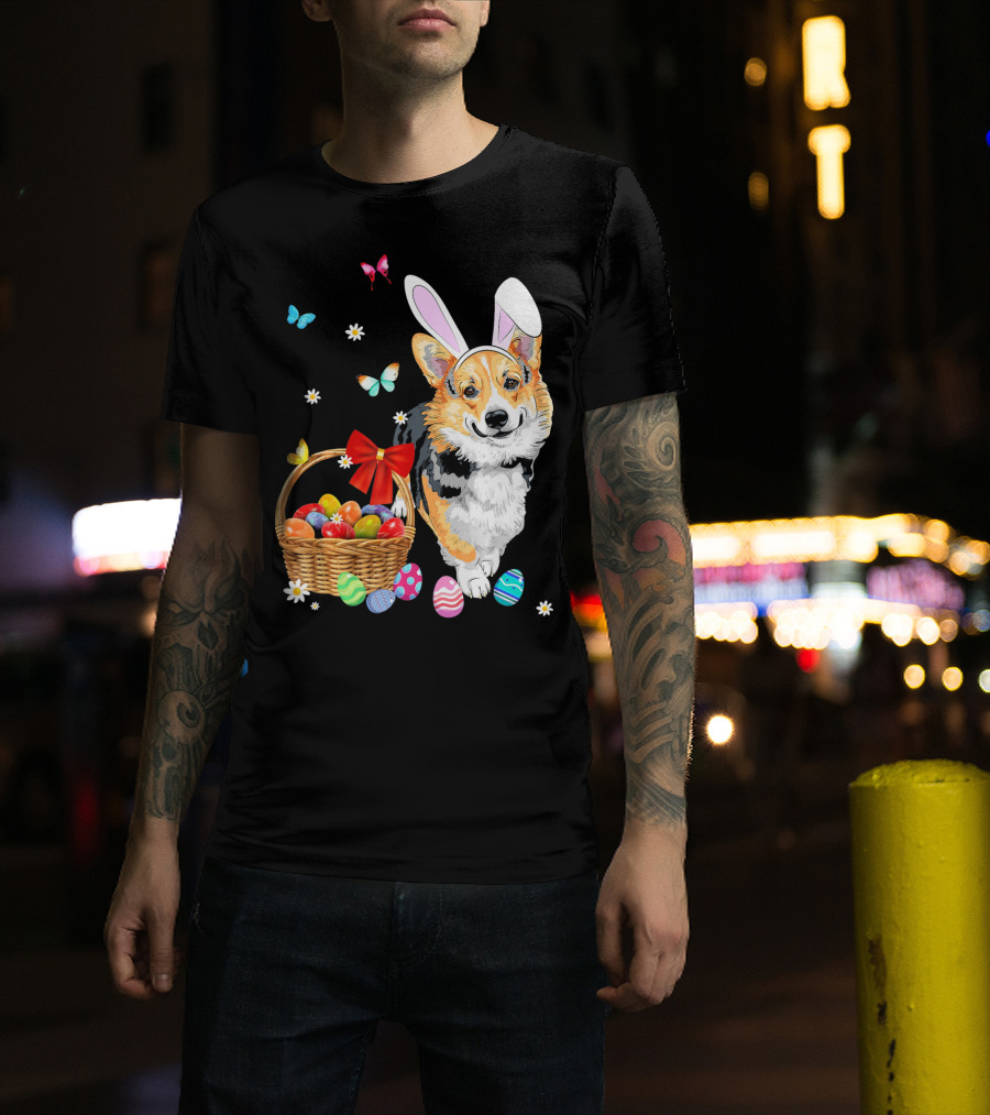 Welsh Corgi Bunny Ear Rabbit Easter Eggs Basket Butterflies T-Shirt