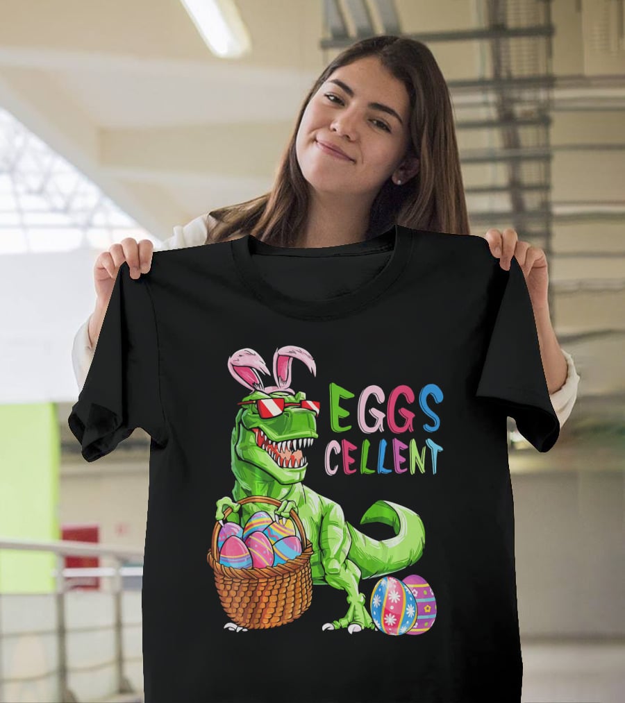 EGGS-cellent Green Dinosaur With Bunny Ears And Easter Eggs T-Shirt