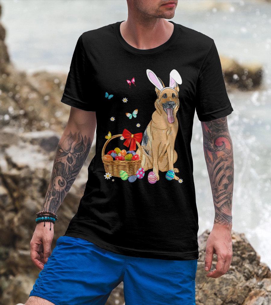 German Shepherd Bunny Ears Rabbit Easter Eggs Basket Butterflies T-Shirt