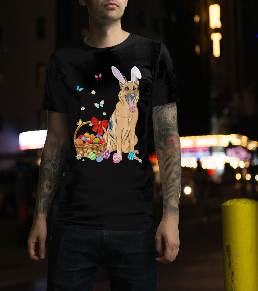 German Shepherd Bunny Ears Rabbit Easter Eggs Basket Butterflies T-Shirt